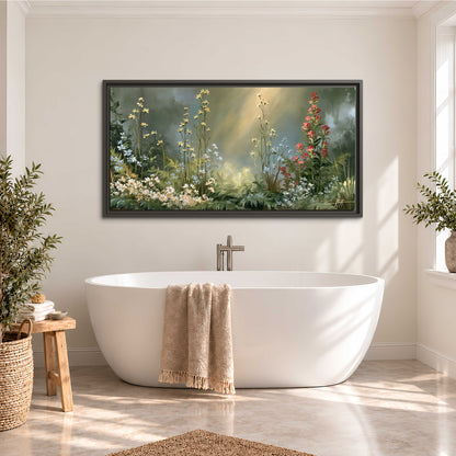 White and red woodland flowers rising in a softly lit green forest clearing single framed canvas wall art styled in an interior