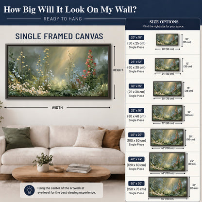 White and red woodland flowers rising in a softly lit green forest clearing single framed canvas wall art size guide above a sofa; room view is illustrative