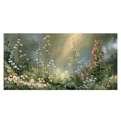 White and red woodland flowers rising in a softly lit green forest clearing single poster print viewed straight on