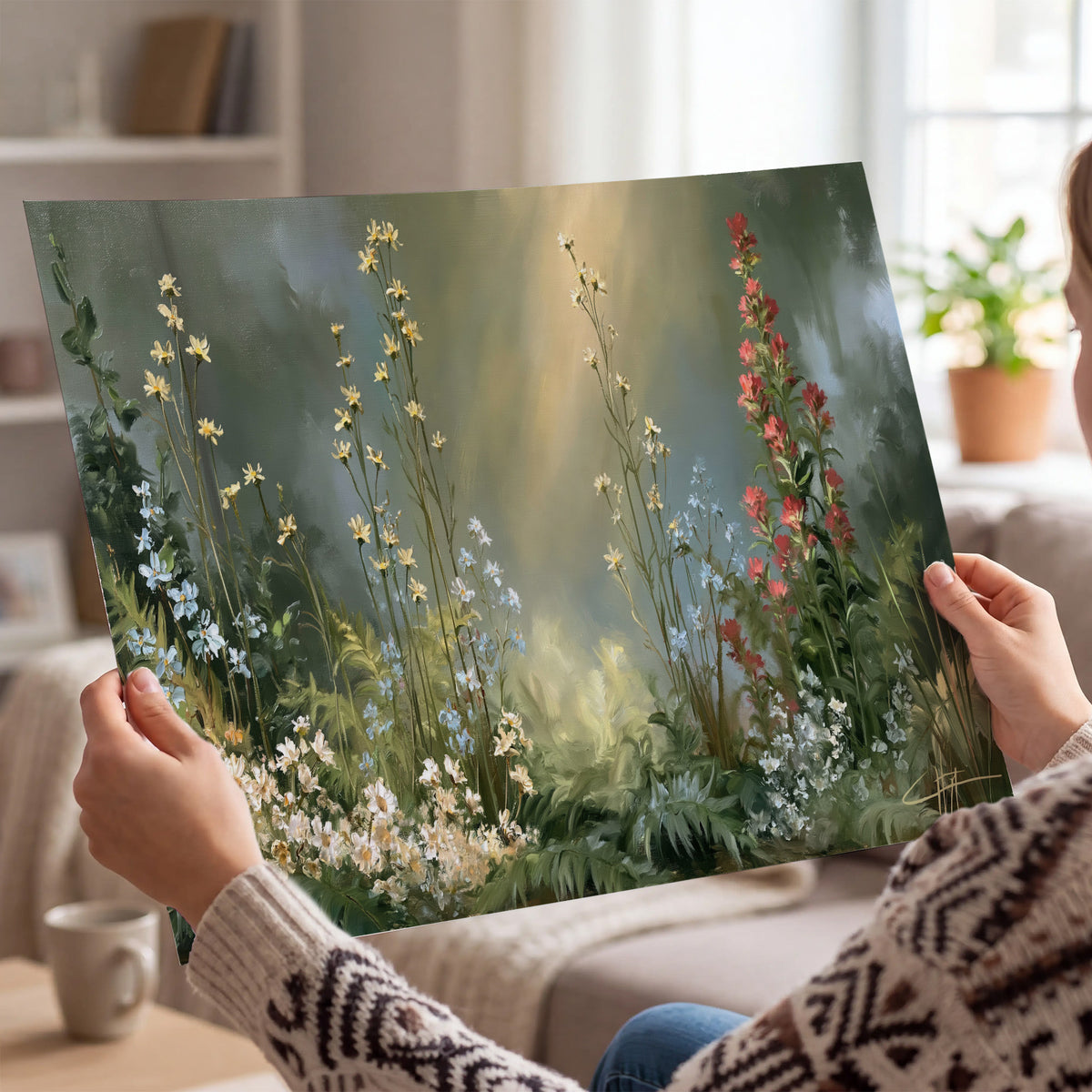 White and red woodland flowers rising in a softly lit green forest clearing single poster print held in hands