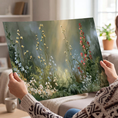 White and red woodland flowers rising in a softly lit green forest clearing single poster print held in hands