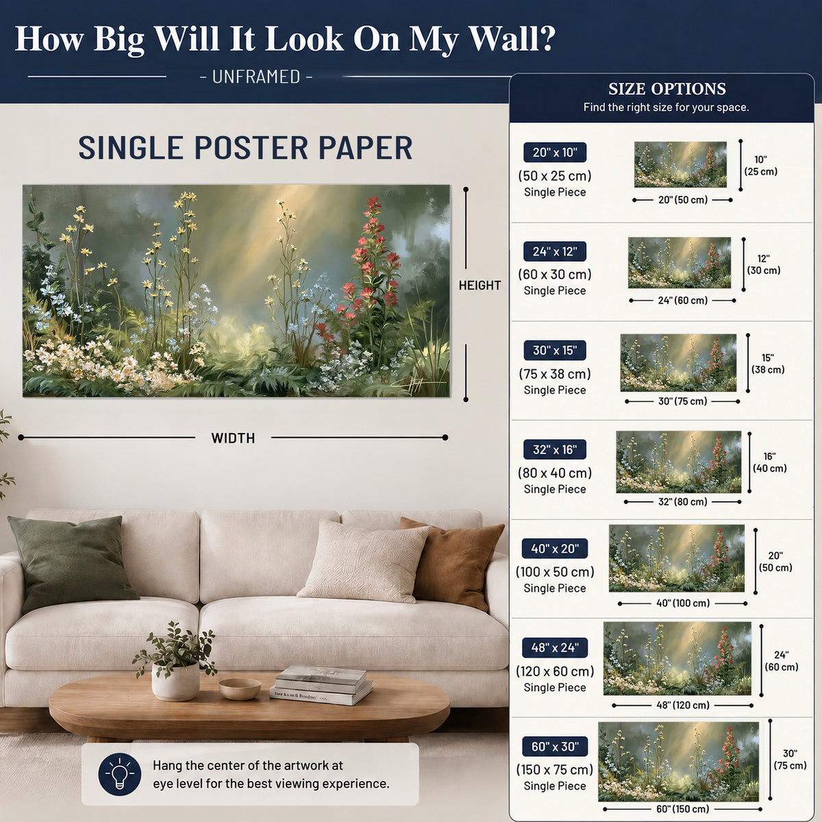 White and red woodland flowers rising in a softly lit green forest clearing single poster print size guide above a sofa; room view is illustrative