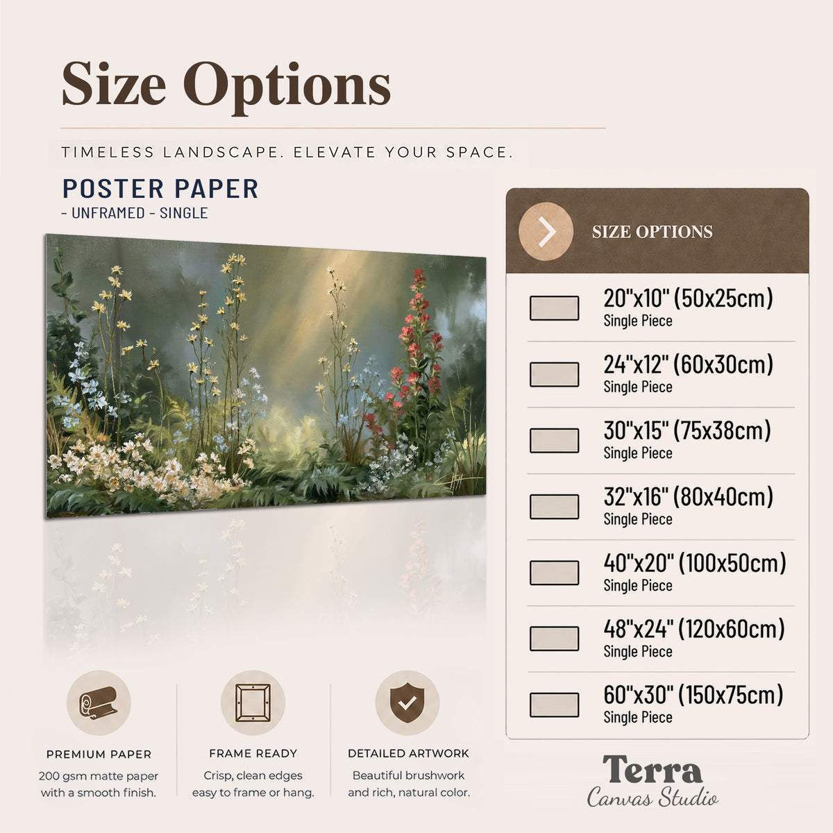White and red woodland flowers rising in a softly lit green forest clearing single poster print available dimensions