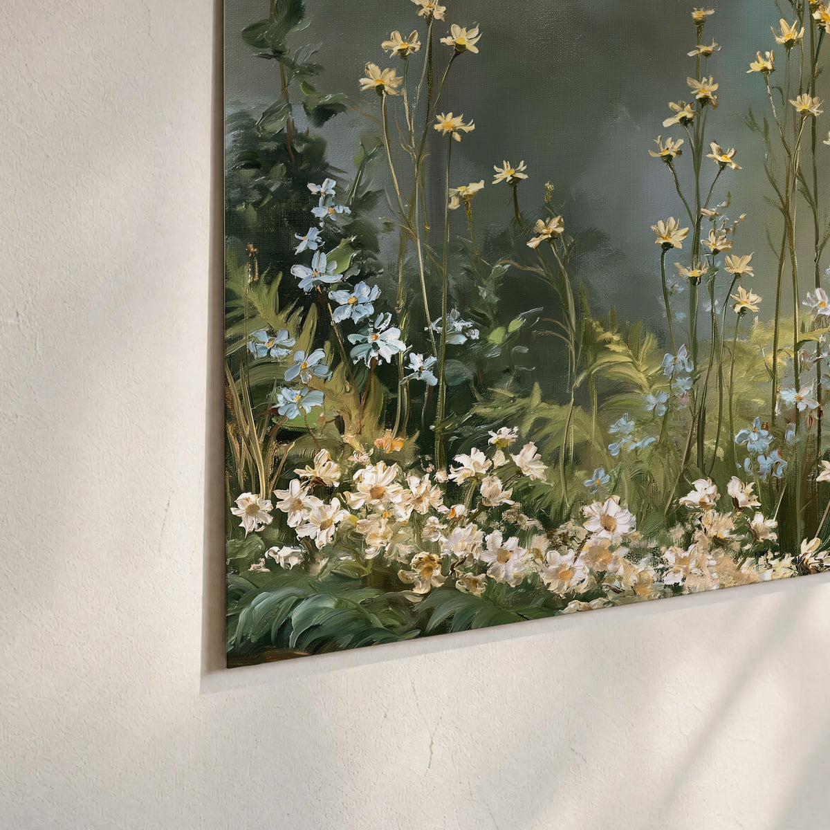 White and red woodland flowers rising in a softly lit green forest clearing set of 3 poster prints material and edge close up