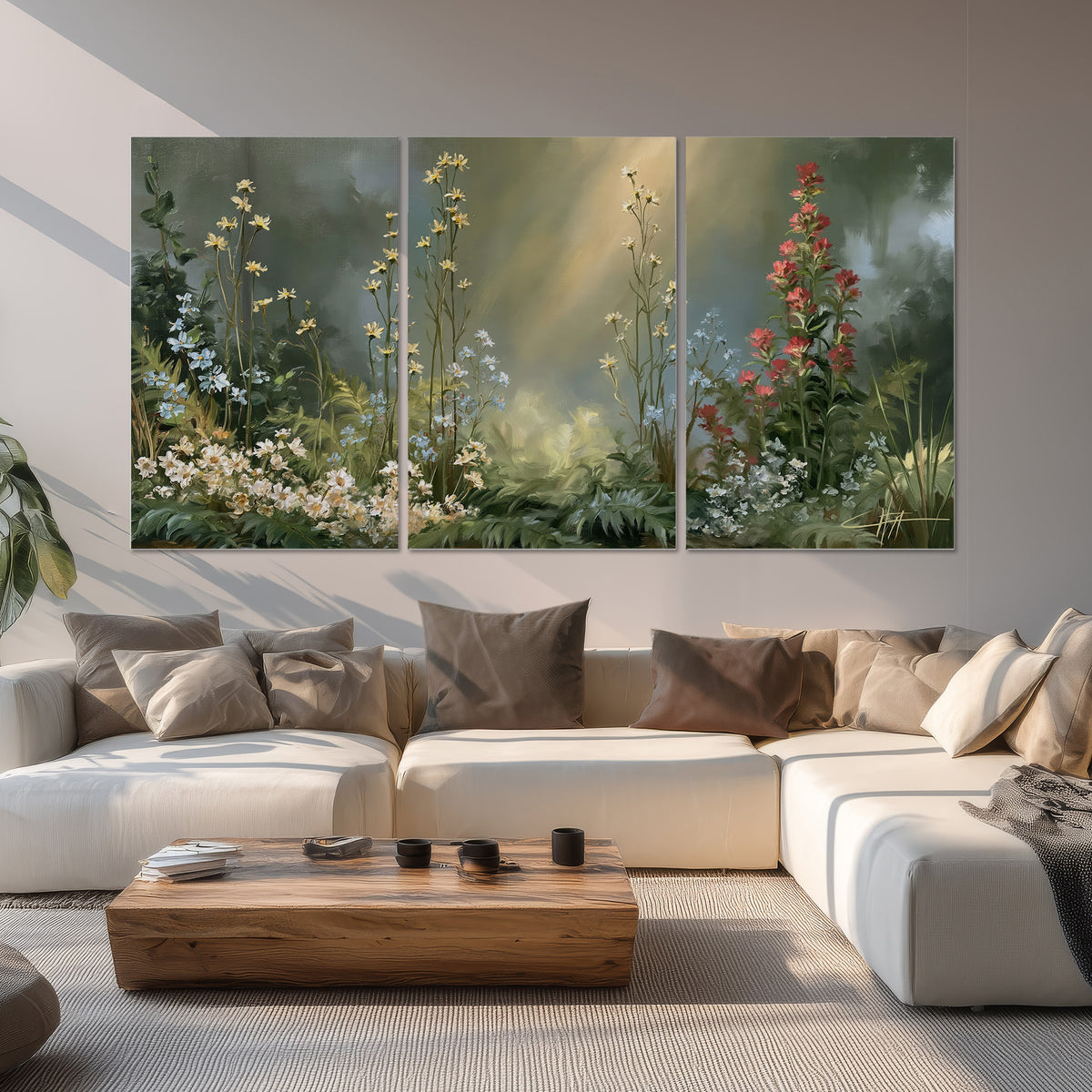 White and red woodland flowers rising in a softly lit green forest clearing set of 3 poster prints displayed in a living room