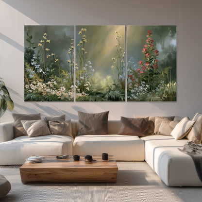White and red woodland flowers rising in a softly lit green forest clearing set of 3 poster prints displayed in a living room