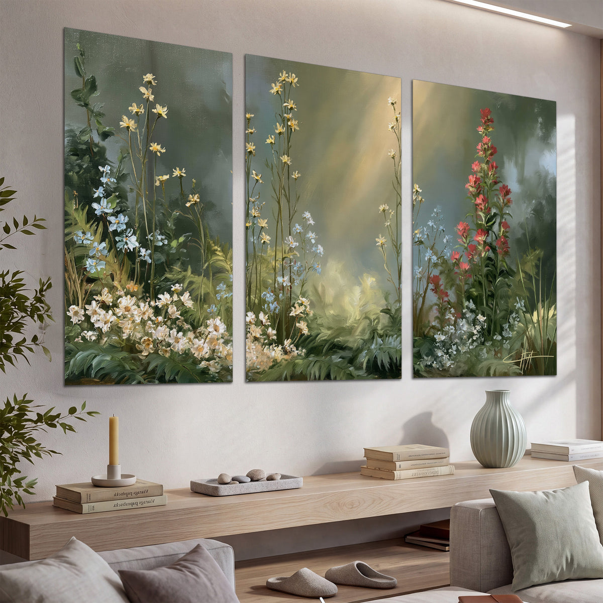 White and red woodland flowers rising in a softly lit green forest clearing set of 3 poster prints displayed in a console