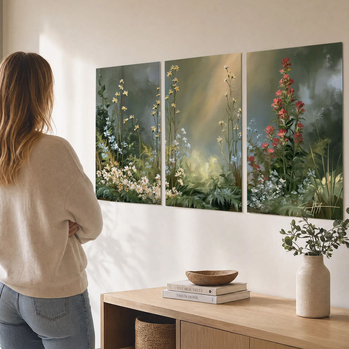 White and red woodland flowers rising in a softly lit green forest clearing set of 3 poster prints three panel arrangement on a wall