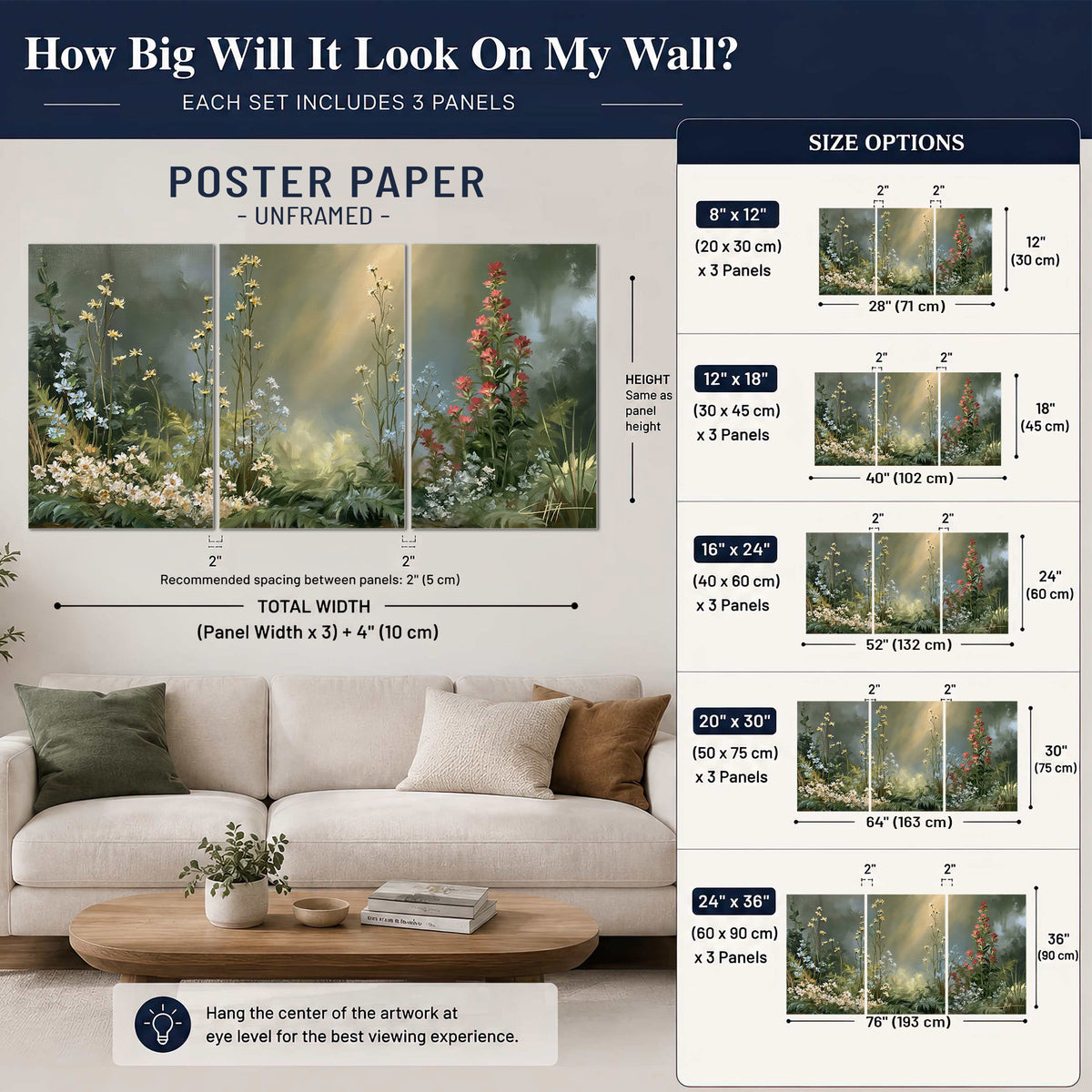 White and red woodland flowers rising in a softly lit green forest clearing set of 3 poster prints size guide above a sofa; room view is illustrative