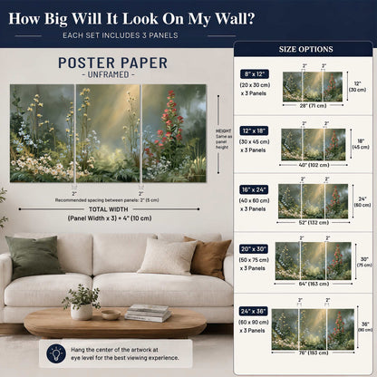 White and red woodland flowers rising in a softly lit green forest clearing set of 3 poster prints size guide above a sofa; room view is illustrative