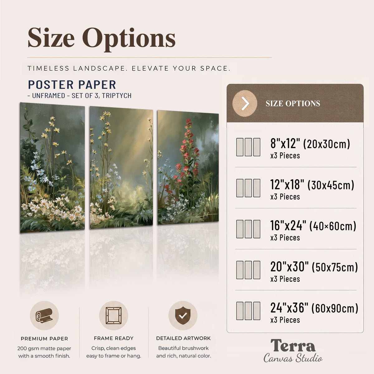 White and red woodland flowers rising in a softly lit green forest clearing set of 3 poster prints available dimensions; triptych dimensions are per panel