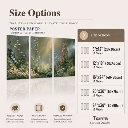 White and red woodland flowers rising in a softly lit green forest clearing set of 3 poster prints available dimensions; triptych dimensions are per panel