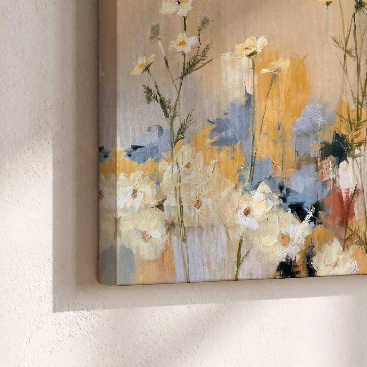 Loose white and yellow flowers set against vertical blue and golden strokes 3 piece canvas wall art material and edge close up