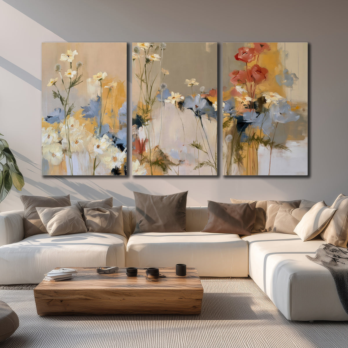 Loose white and yellow flowers set against vertical blue and golden strokes 3 piece canvas wall art displayed in a living room