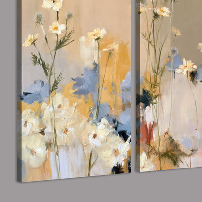 Loose white and yellow flowers set against vertical blue and golden strokes 3 piece canvas wall art room and product view