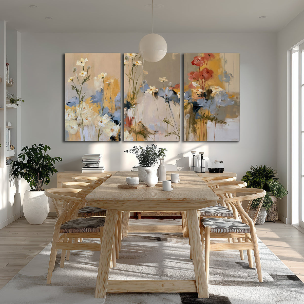 Loose white and yellow flowers set against vertical blue and golden strokes 3 piece canvas wall art room and product view