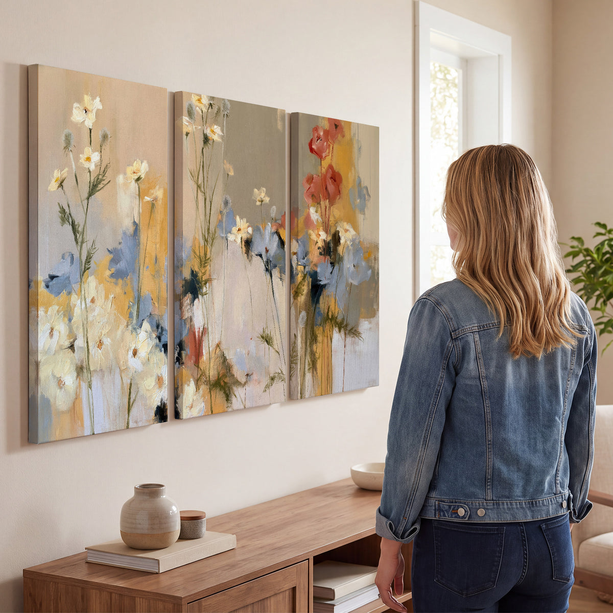 Loose white and yellow flowers set against vertical blue and golden strokes 3 piece canvas wall art three panel arrangement on a wall
