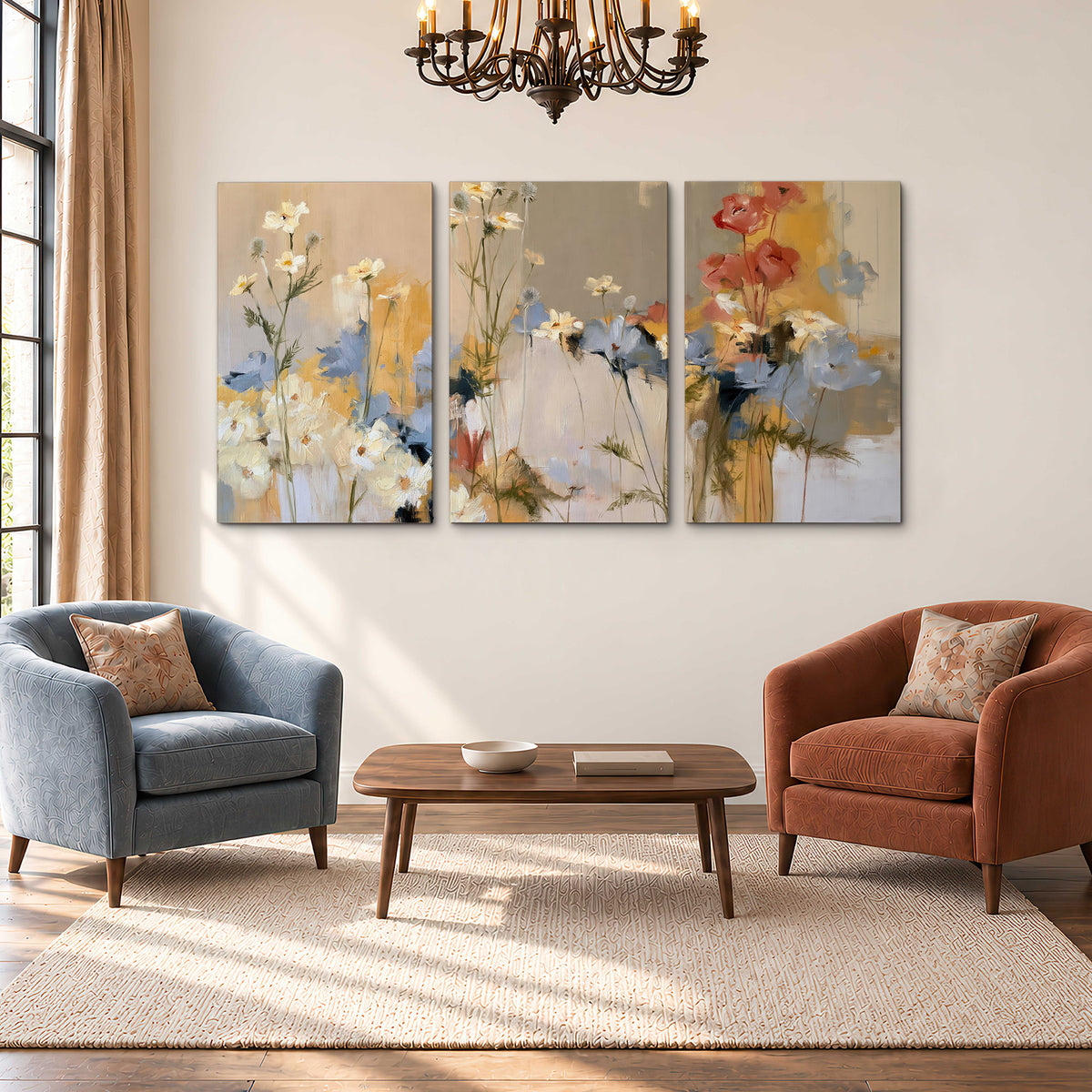 Loose white and yellow flowers set against vertical blue and golden strokes 3 piece canvas wall art styled in an interior