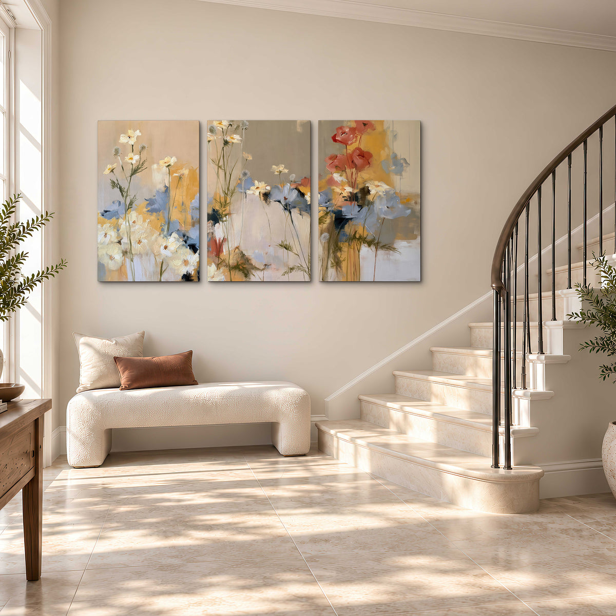Loose white and yellow flowers set against vertical blue and golden strokes 3 piece canvas wall art styled in an interior