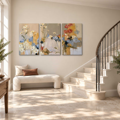Loose white and yellow flowers set against vertical blue and golden strokes 3 piece canvas wall art styled in an interior