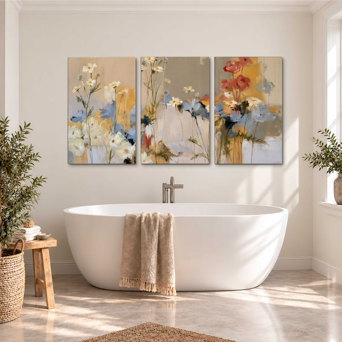 Loose white and yellow flowers set against vertical blue and golden strokes 3 piece canvas wall art styled in an interior