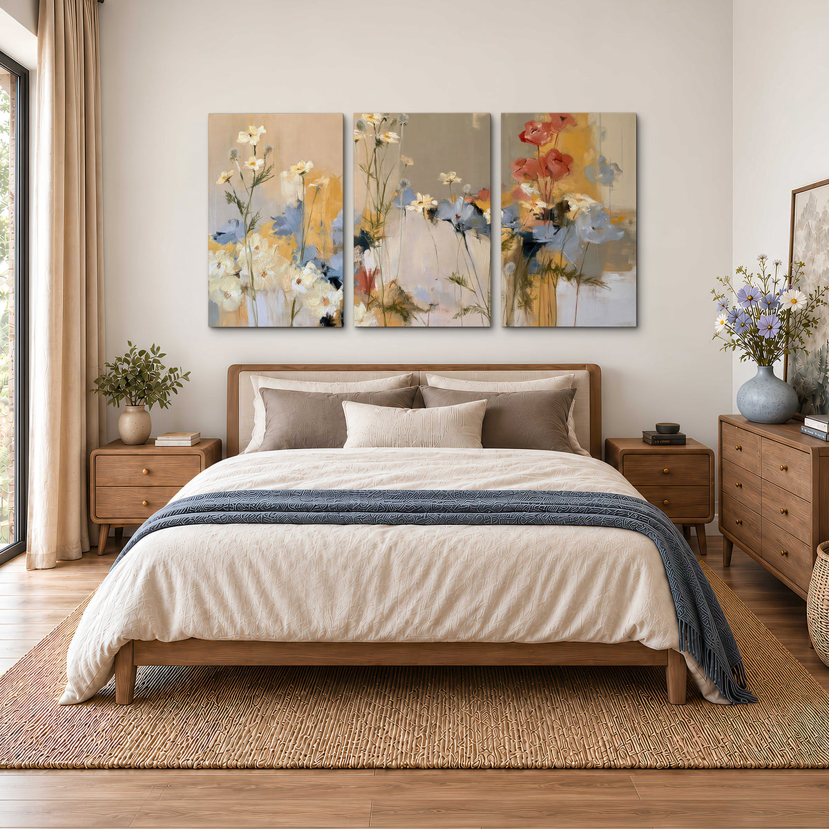 Loose white and yellow flowers set against vertical blue and golden strokes 3 piece canvas wall art styled in an interior
