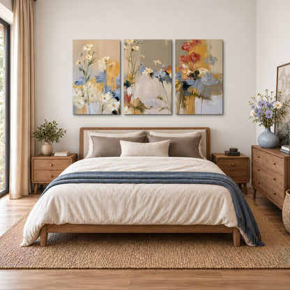 Loose white and yellow flowers set against vertical blue and golden strokes 3 piece canvas wall art styled in an interior