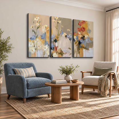 Loose white and yellow flowers set against vertical blue and golden strokes 3 piece canvas wall art styled in an interior