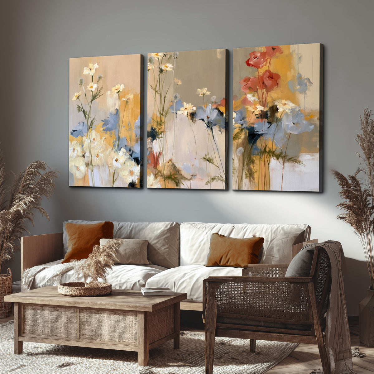 Loose white and yellow flowers set against vertical blue and golden strokes 3 piece canvas wall art displayed in a rustic living room