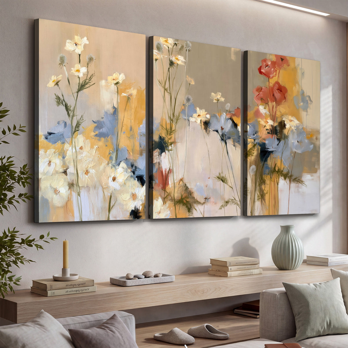 Loose white and yellow flowers set against vertical blue and golden strokes 3 piece canvas wall art displayed in a console