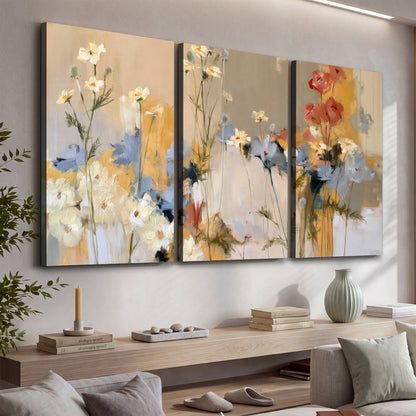 Loose white and yellow flowers set against vertical blue and golden strokes 3 piece canvas wall art displayed in a console