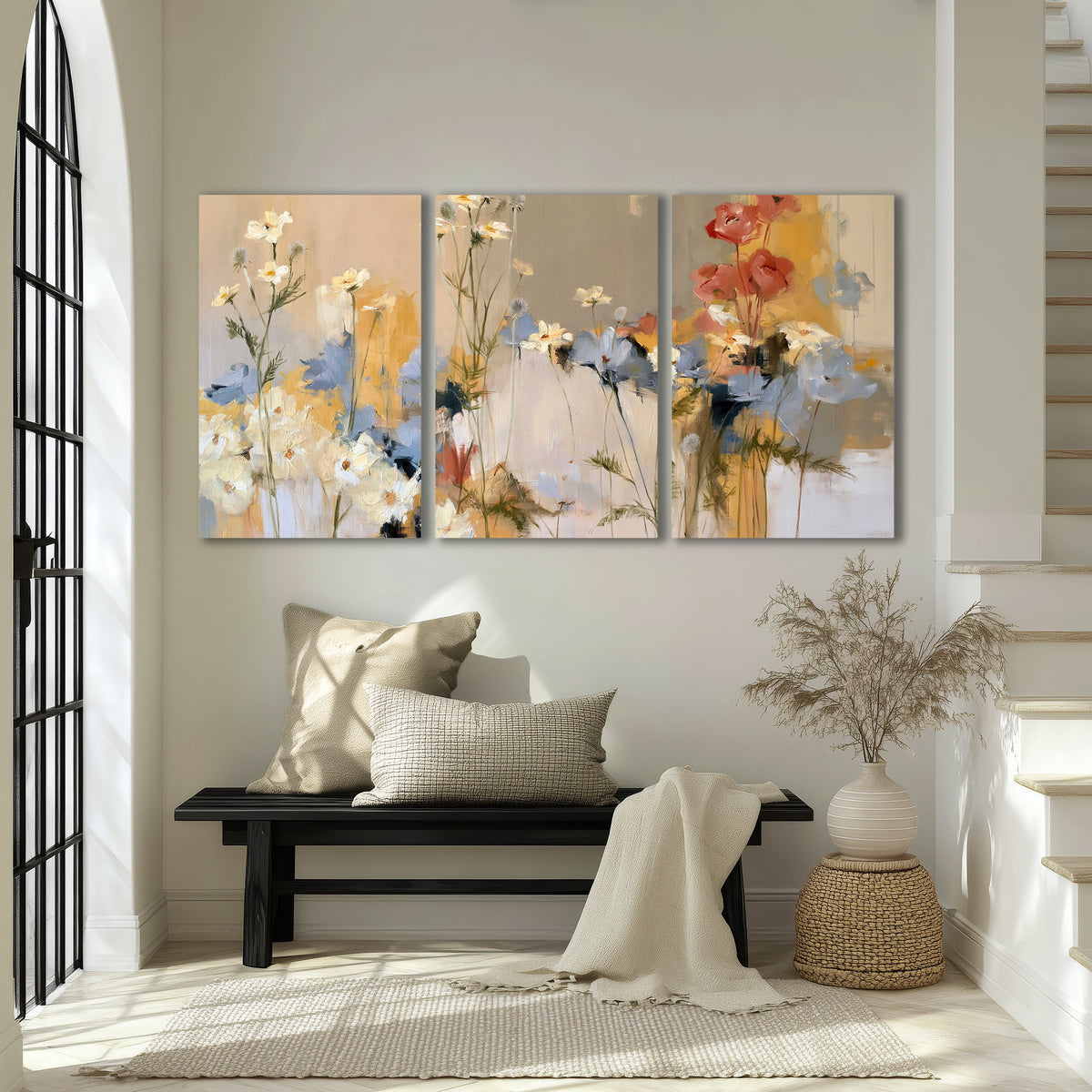 Loose white and yellow flowers set against vertical blue and golden strokes 3 piece canvas wall art displayed in a entryway