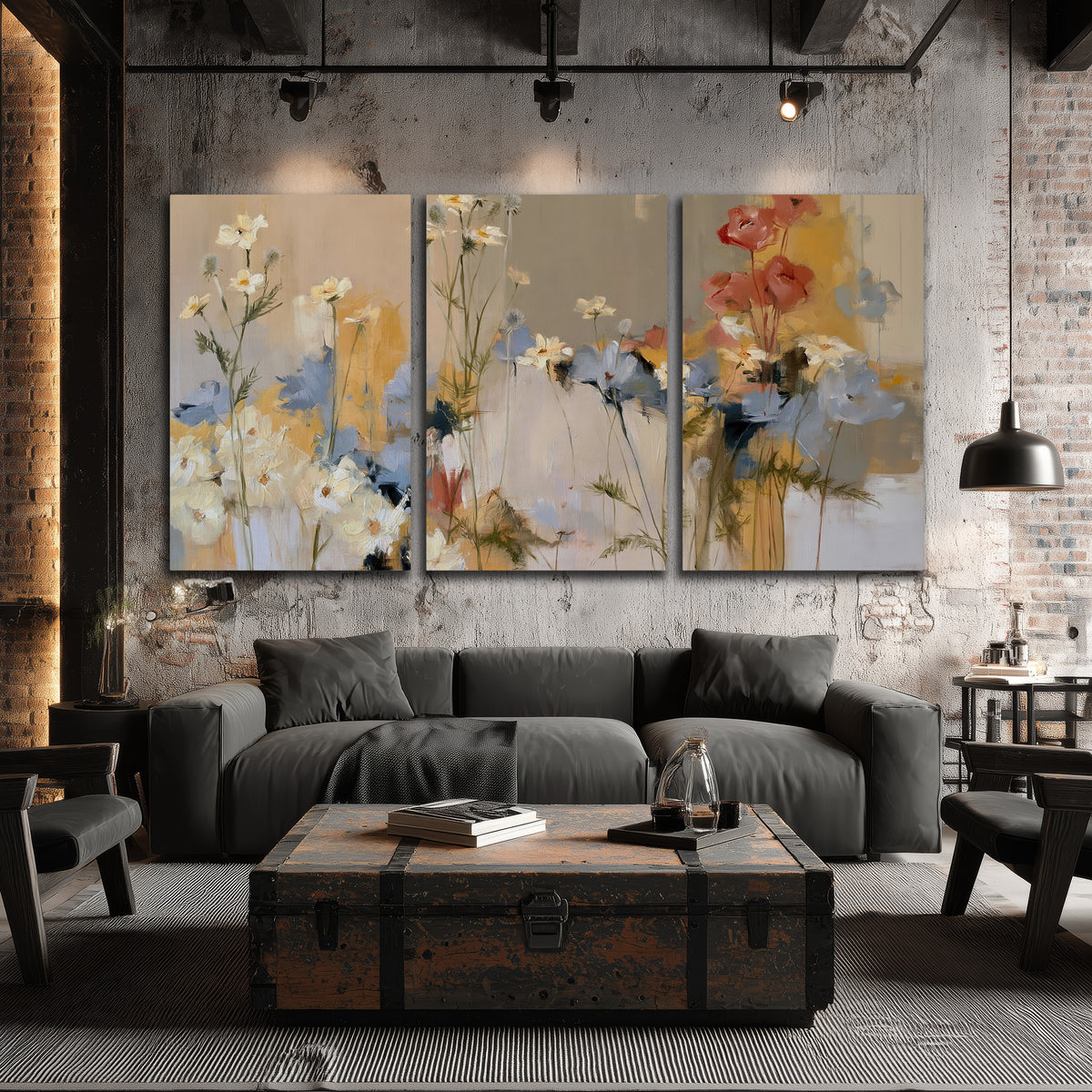 Loose white and yellow flowers set against vertical blue and golden strokes 3 piece canvas wall art displayed in a industrial room