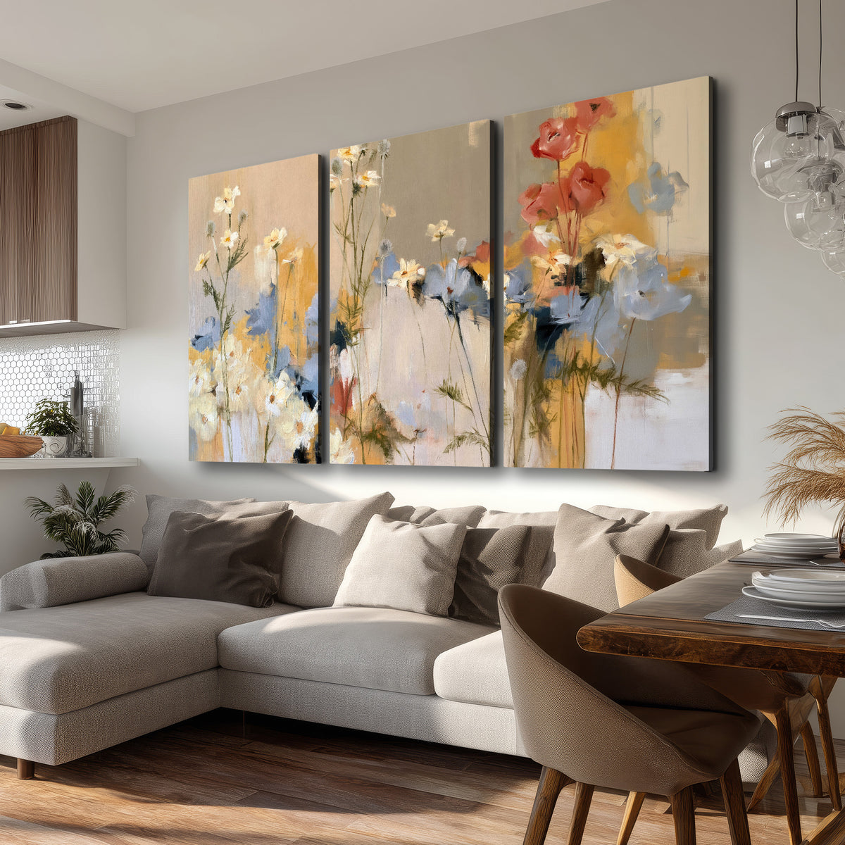 Loose white and yellow flowers set against vertical blue and golden strokes 3 piece canvas wall art room and product view