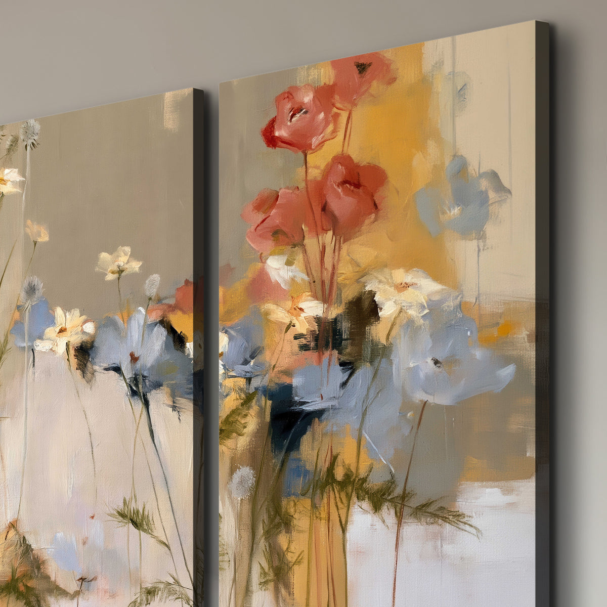 Loose white and yellow flowers set against vertical blue and golden strokes 3 piece canvas wall art room and product view