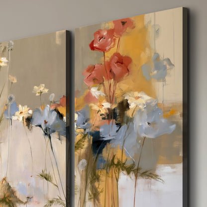 Loose white and yellow flowers set against vertical blue and golden strokes 3 piece canvas wall art room and product view