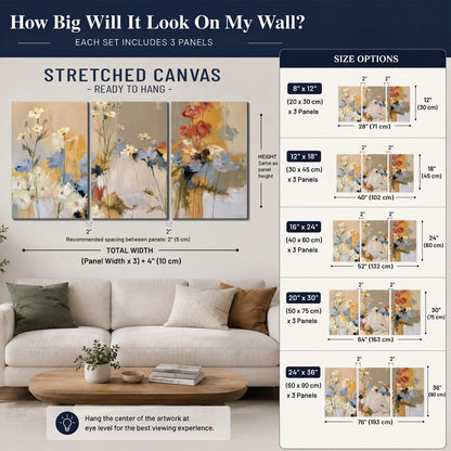 Loose white and yellow flowers set against vertical blue and golden strokes 3 piece canvas wall art size guide above a sofa; room view is illustrative