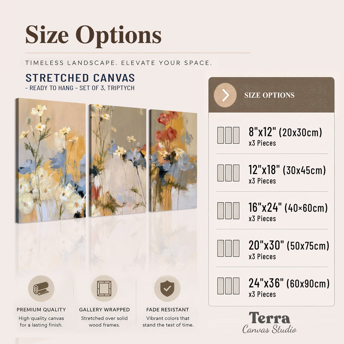 Loose white and yellow flowers set against vertical blue and golden strokes 3 piece canvas wall art available dimensions; triptych dimensions are per panel