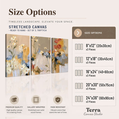 Loose white and yellow flowers set against vertical blue and golden strokes 3 piece canvas wall art available dimensions; triptych dimensions are per panel