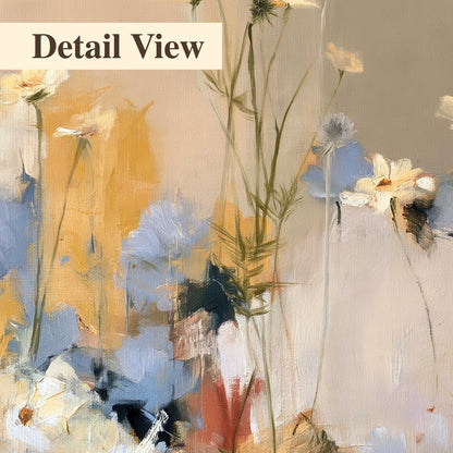 Loose white and yellow flowers set against vertical blue and golden strokes 3 piece canvas wall art artwork detail close up
