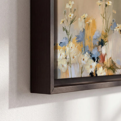 Loose white and yellow flowers set against vertical blue and golden strokes 3 piece framed canvas wall art material and edge close up