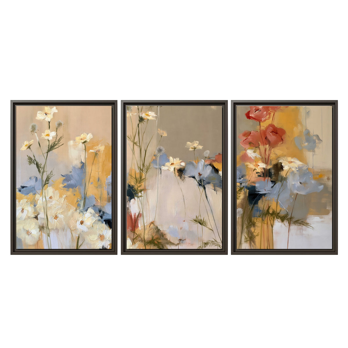 Loose white and yellow flowers set against vertical blue and golden strokes 3 piece framed canvas wall art viewed straight on