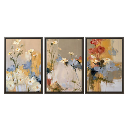 Loose white and yellow flowers set against vertical blue and golden strokes 3 piece framed canvas wall art viewed straight on