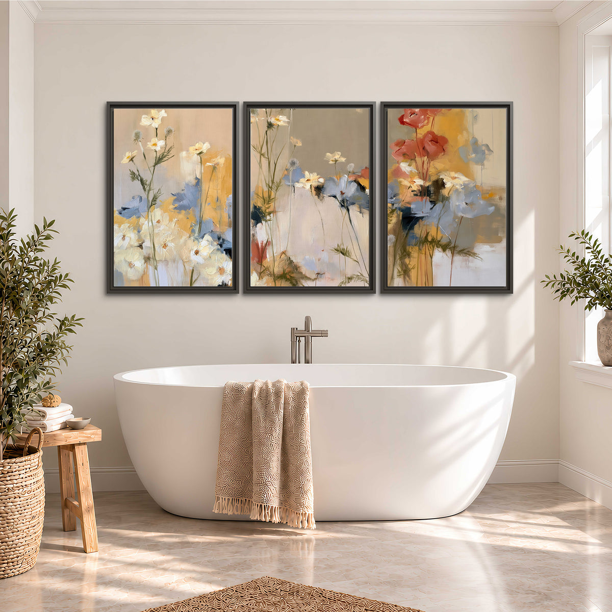 Loose white and yellow flowers set against vertical blue and golden strokes 3 piece framed canvas wall art styled in an interior