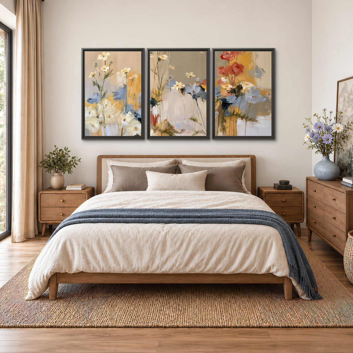 Loose white and yellow flowers set against vertical blue and golden strokes 3 piece framed canvas wall art styled in an interior