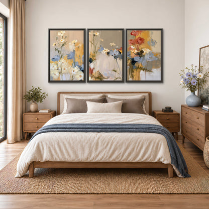 Loose white and yellow flowers set against vertical blue and golden strokes 3 piece framed canvas wall art styled in an interior