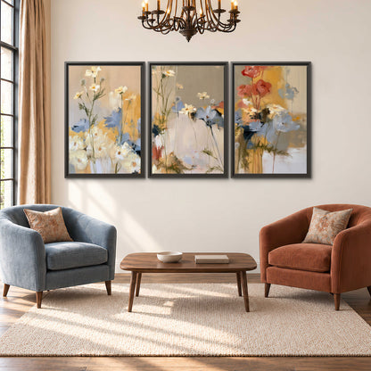 Loose white and yellow flowers set against vertical blue and golden strokes 3 piece framed canvas wall art styled in an interior