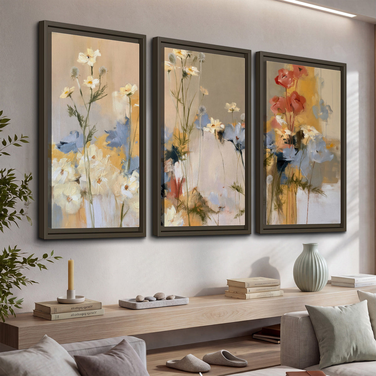 Loose white and yellow flowers set against vertical blue and golden strokes 3 piece framed canvas wall art displayed in a console