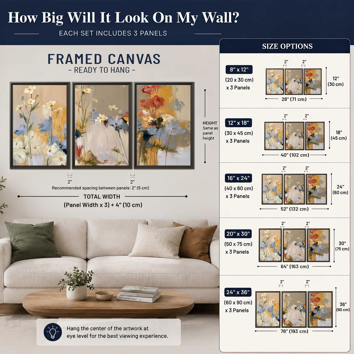 Loose white and yellow flowers set against vertical blue and golden strokes 3 piece framed canvas wall art size guide above a sofa; room view is illustrative
