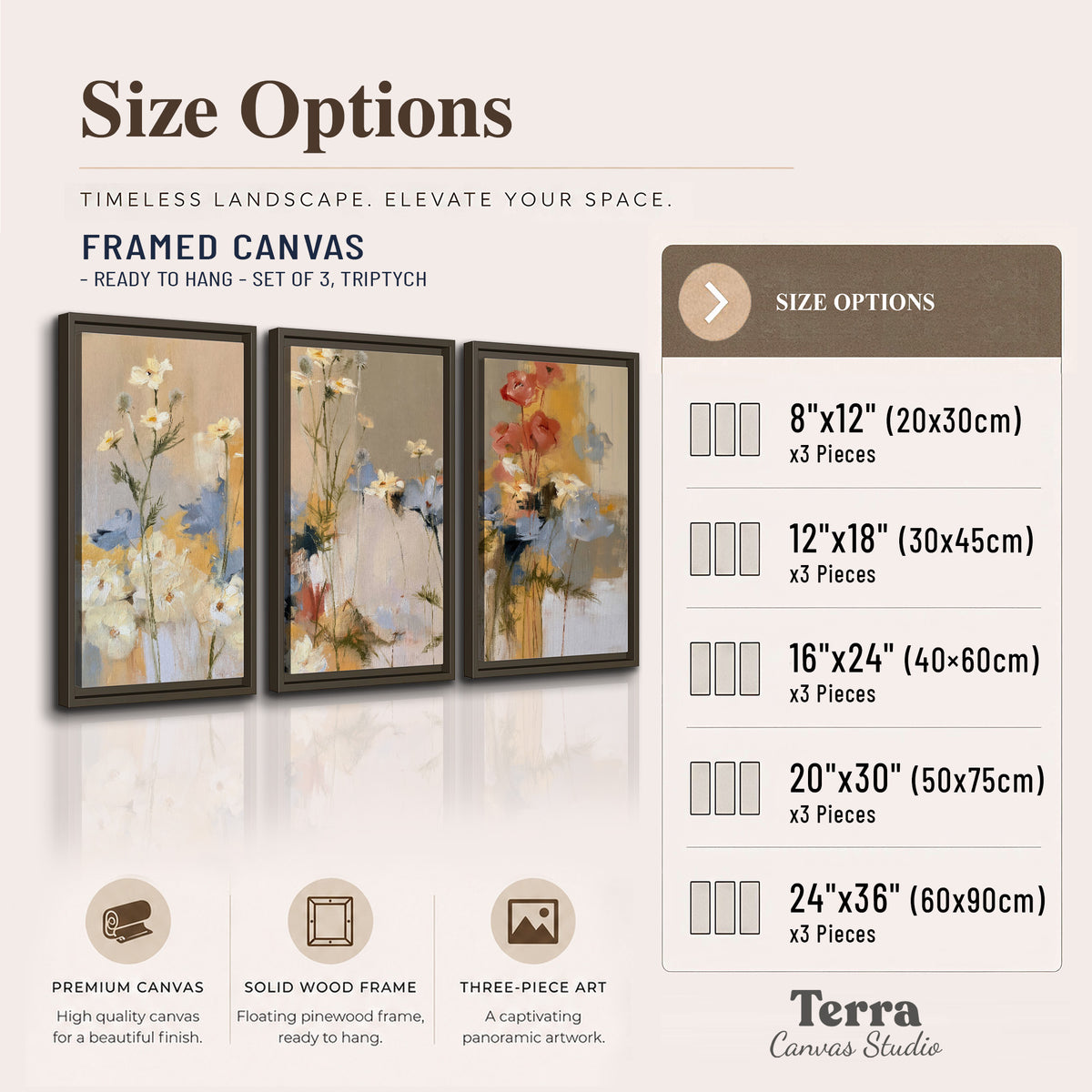 Loose white and yellow flowers set against vertical blue and golden strokes 3 piece framed canvas wall art available dimensions; triptych dimensions are per panel